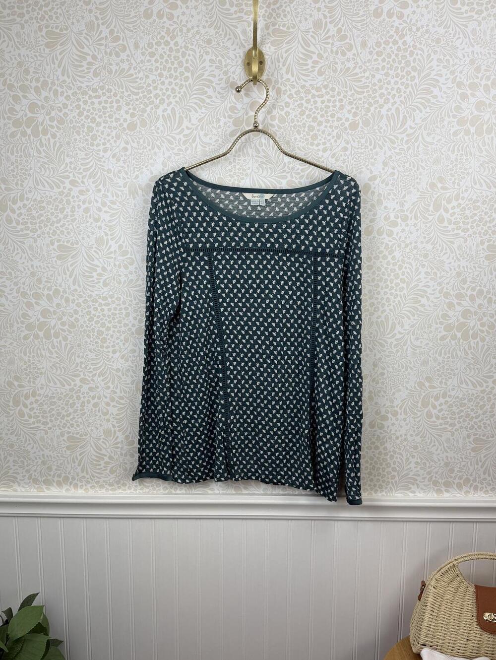 BODEN Teal and White Leaf Print Boat Neck Lightweight Tencil Top - Size - 8